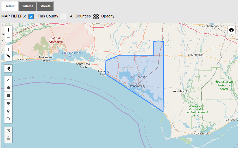 Map of Bay County in Florida