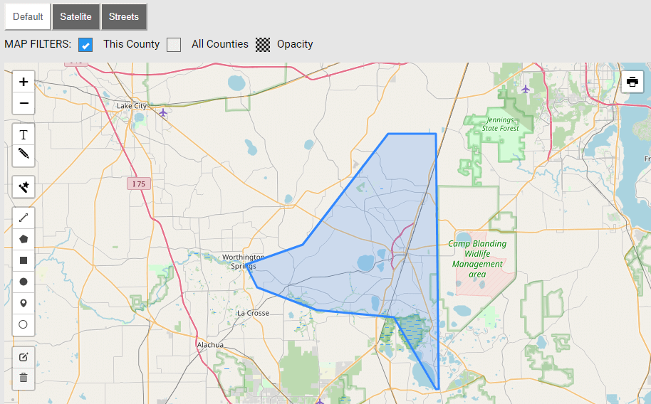 Map of Bradford County in Florida
