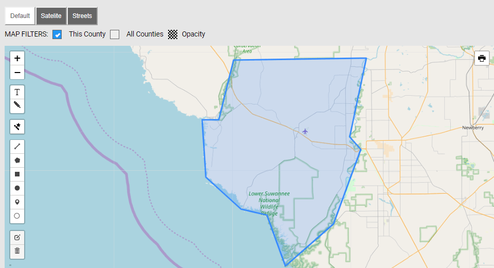 Map of Dixie County in Florida