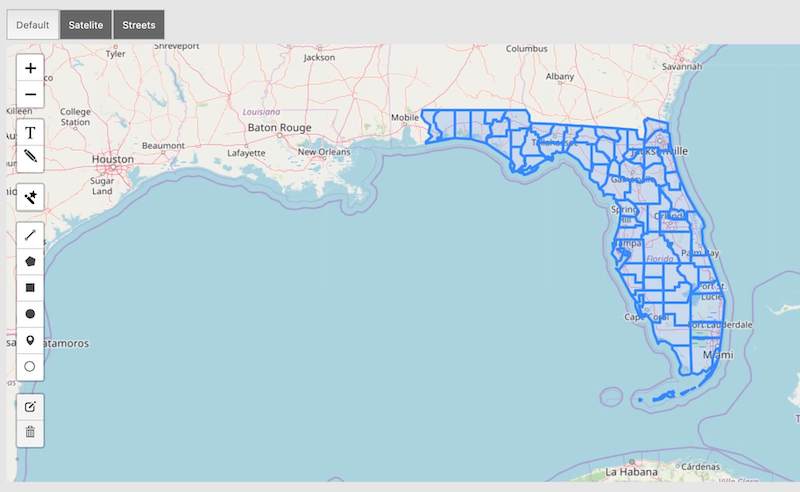 interactive map of all Florida counties in blue. You can also draw on the map.